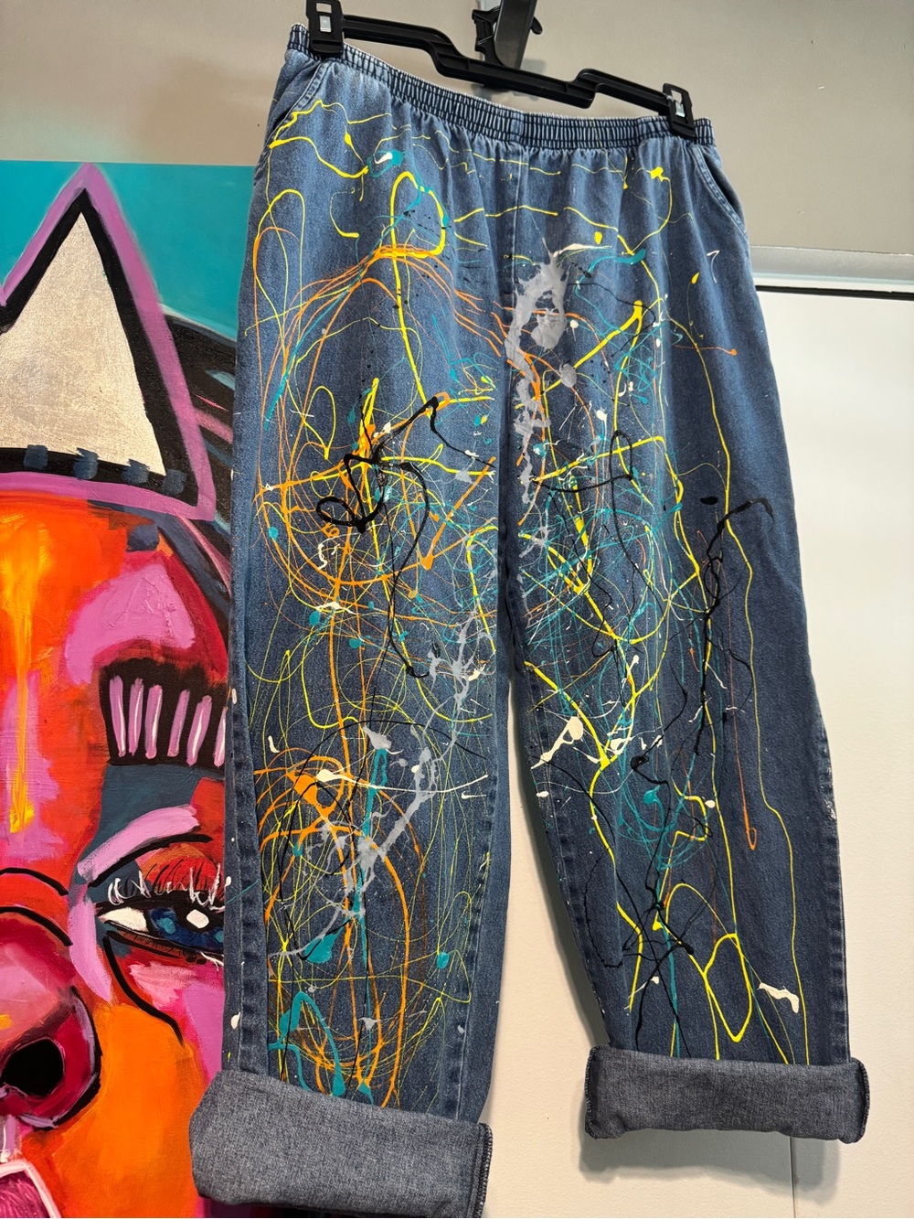 Upcycled Hand Painted High Waisted Elastic Denim Jeans Splatter Plus 14 - Picture 4 of 11